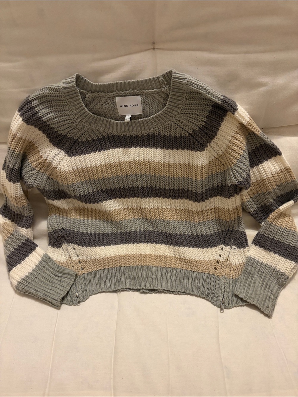 Pink Rose Striped Crewneck Sweater in Gray, Cream, Beige and Taupe